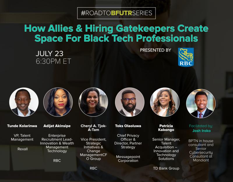 Black Professionals in Tech Masterclass speakers graphic - How Allies & Hiring Gatekeepers Create Space for Black Tech Professionals