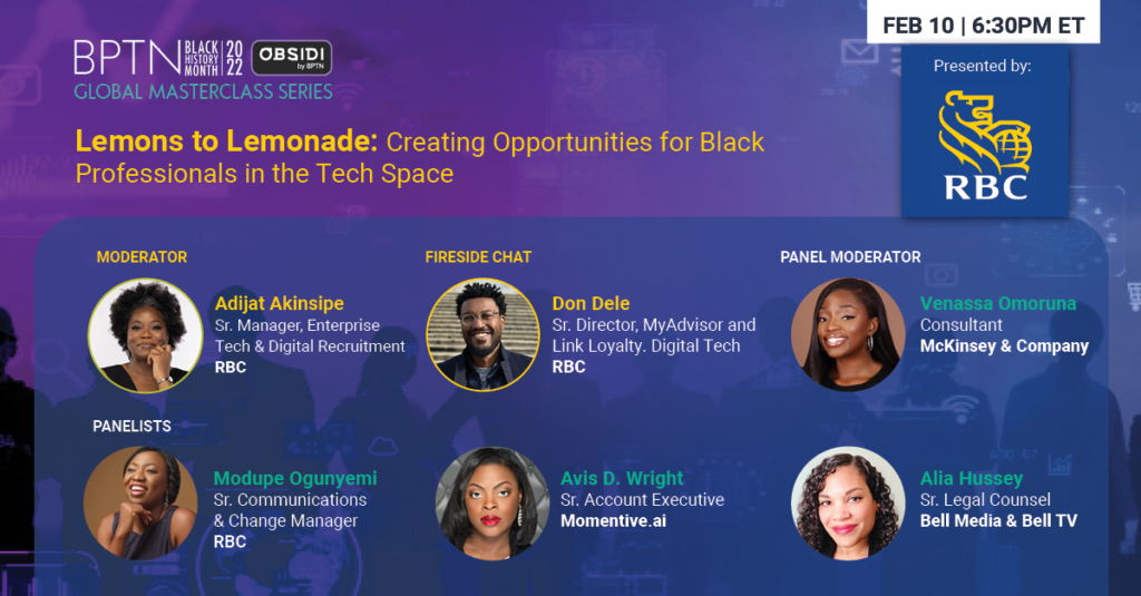 Black Professionals in Tech Masterclass speakers graphic - Lemons to Lemonade Creating Opportunities for Black Professionals in the Tech Space
