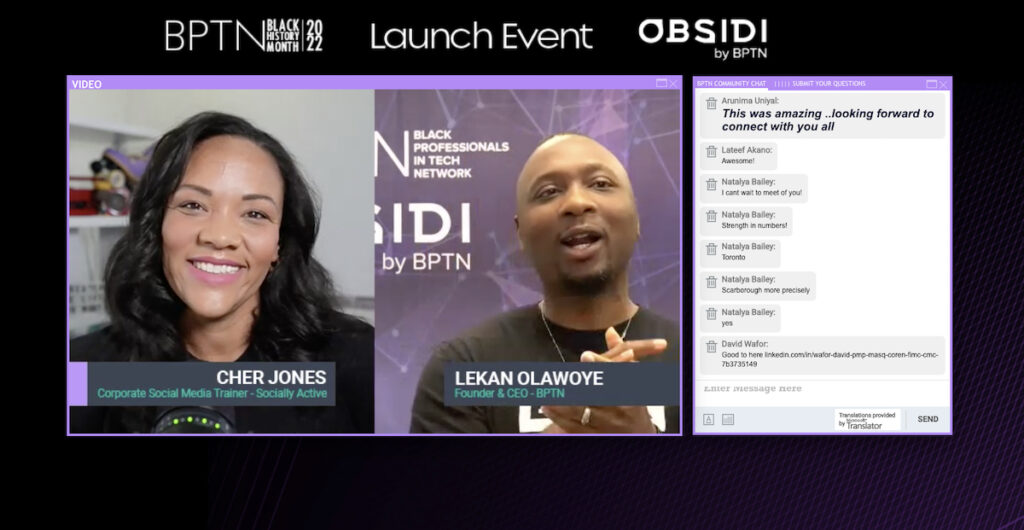 BPTN Obsidi launch event screenshot with Cher Jones and Lekan Olawoye